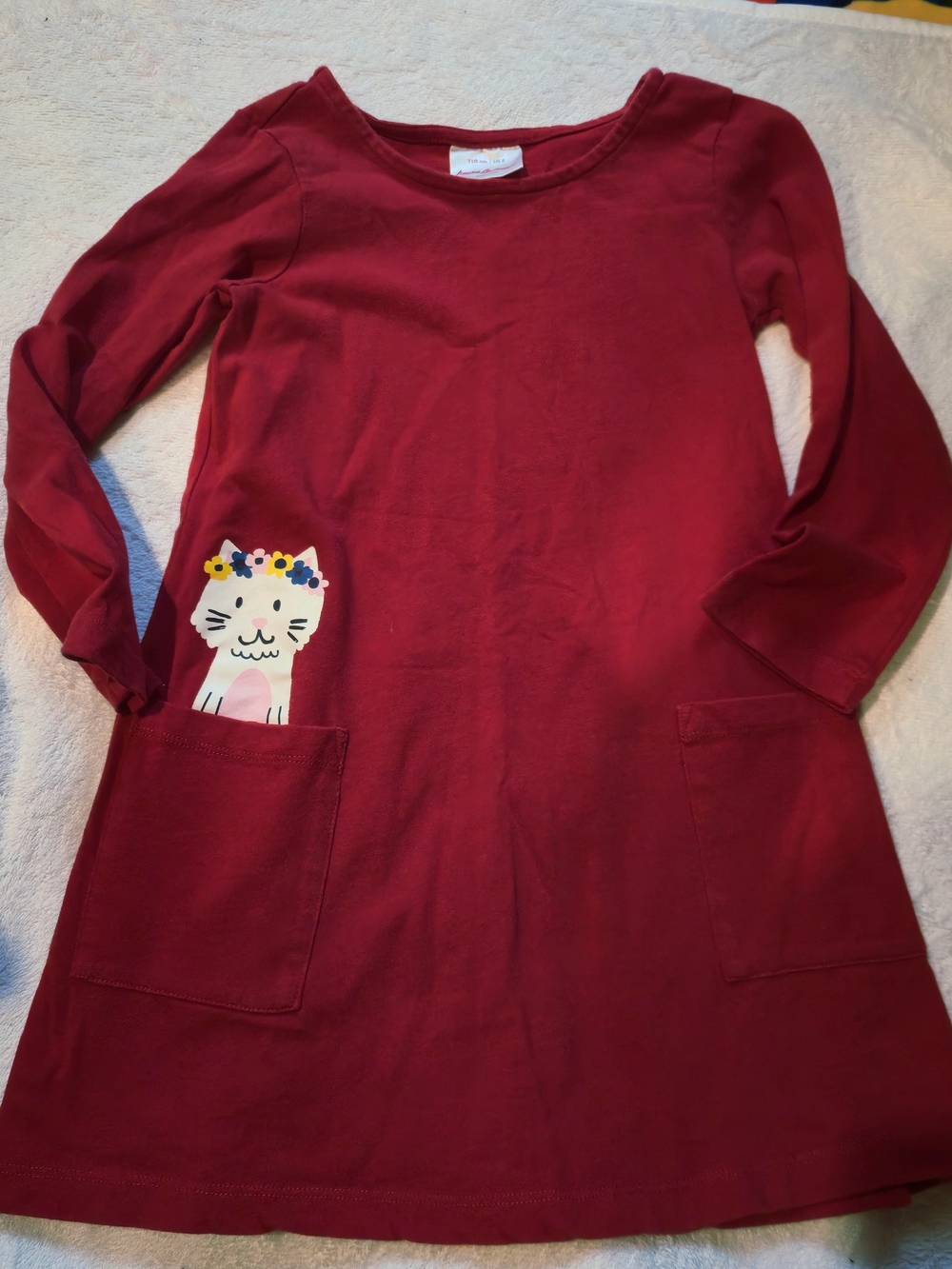 Girls Burgundy Long-Sleeve Nightgown with Cat Pocket
